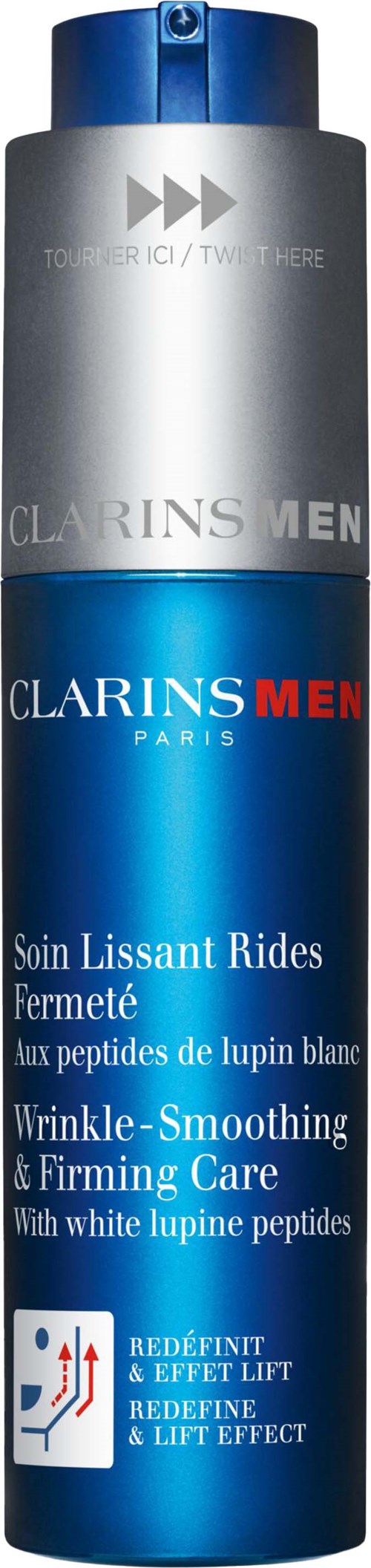 Pitkä sininen ja hopea Clarins Men ihonhoitopullo pumpulla yläosassa.