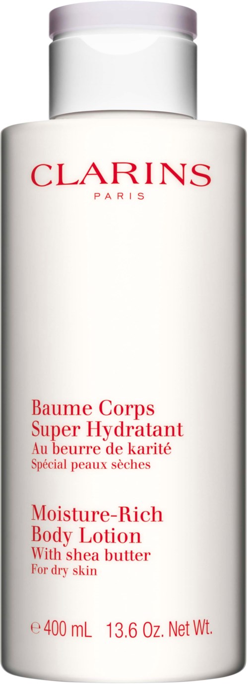 En vit flaska med Clarins bodylotion med röd text, märkt för torr hud, innehåller sheasmör, 400 ml.