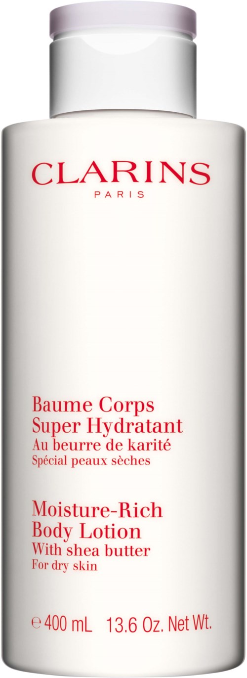 Een witte fles met Clarins Moisture-Rich Body Lotion met rode tekst, geschikt voor droge huid, bevat 400 ml.
