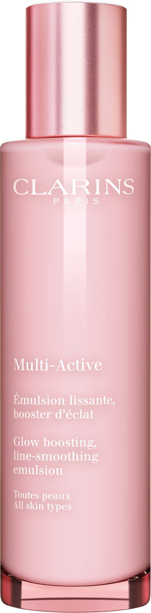 Vaaleanpunainen pullo, jossa lukee Clarins Multi-Active, sisältää ihoa kirkastavan ja juonteita tasoittavan emulsion kaikille ihotyypeille.