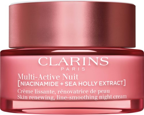 Valkoinen tekstiä sisältävä pinkki purkki Clarins Multi-Active Night Cream, korostaa ihon etuja ja ainesosia.