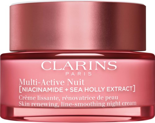 Ruusukullan värinen kerma-astia metallikannella, jossa lukee Clarins Multi-Active Nuit yökokonahdus ja ihon uudistaminen.