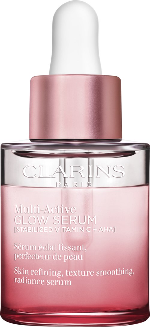 Vaalentunut lasipullo valkoisella tipputulpalla, merkattu Clarins Multi-Active Glow Serum.