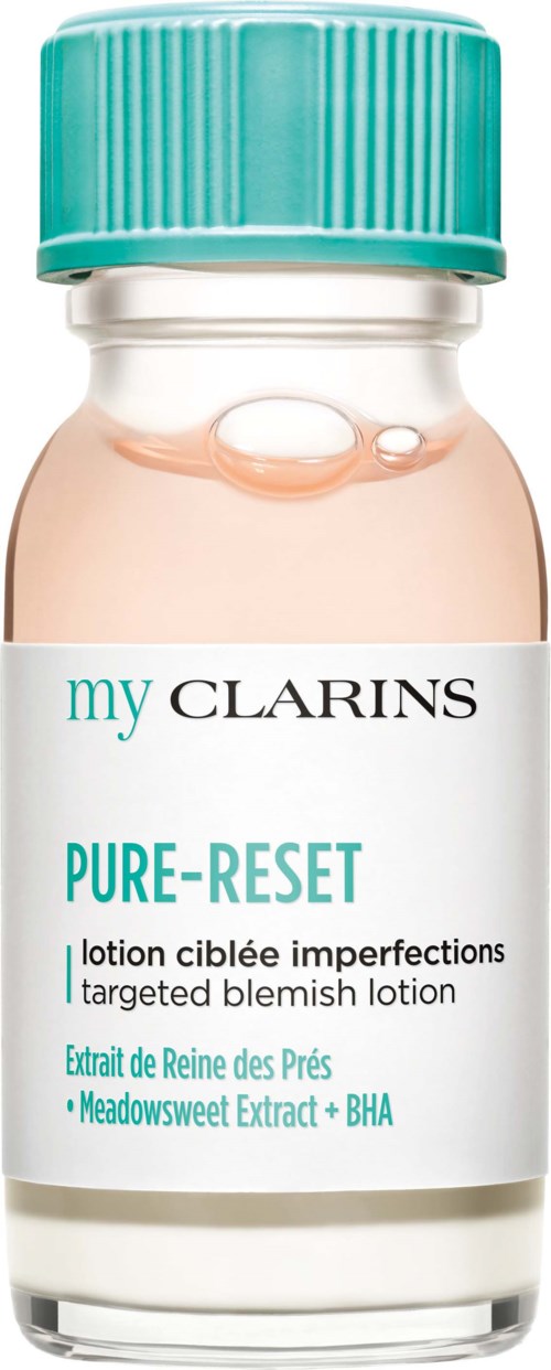 Pieni Clarins Pure-Reset -pullovesi, jossa turkoosit on, merkitty iho-ongelmiin, sisältää luonnollisia uutteita.