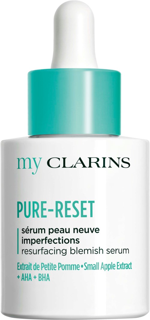 A white bottle with a teal cap containing My Clarins Pure-Reset serum for new skin imperfections.