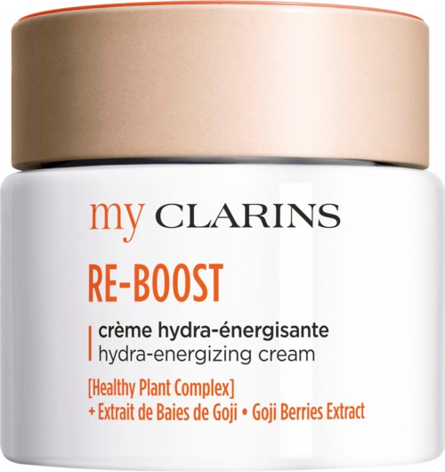 A white jar with a beige lid, labeled 'My Clarins' and 'Re-Boost' hydra-energizing cream with plant extracts.