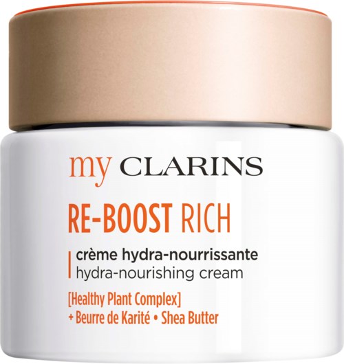 A jar of hydra-nourishing cream with a beige lid, labeled with the product name and ingredients for skin care.