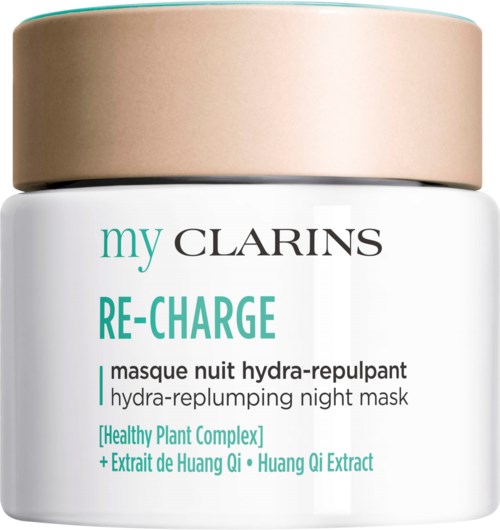 A white jar with a beige lid contains Clarins' Re-Charge hydra-replumping night mask with green and black text.