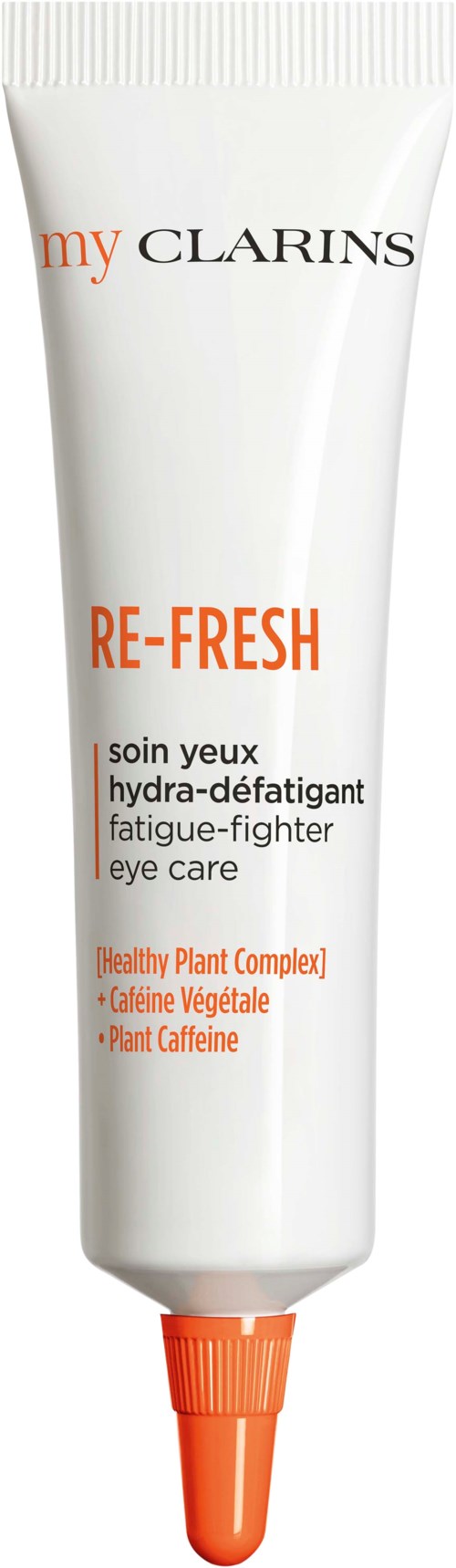 A white tube labeled 'my CLARINS' with orange text 'RE-FRESH' for eye care, containing plant-based ingredients.