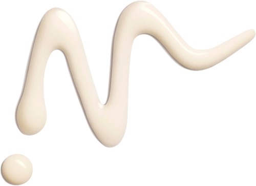 A white liquid is shaped in a squiggly line with a small drop at the end.