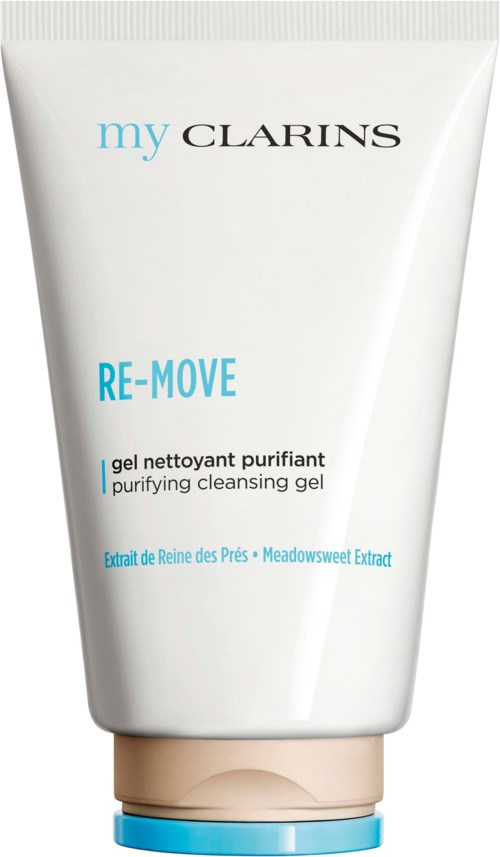 A white tube labeled 'my CLARINS', with blue and black text for a cleansing gel, including 'Meadowsweet Extract'.