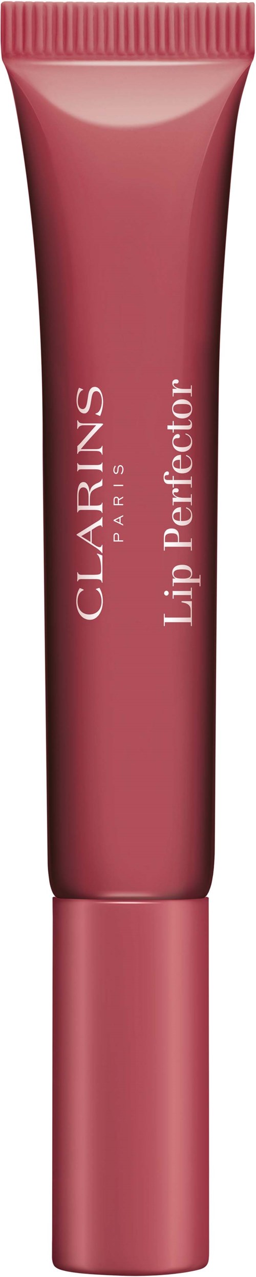 Een roze tube Clarins Lip Perfector met witte tekst.