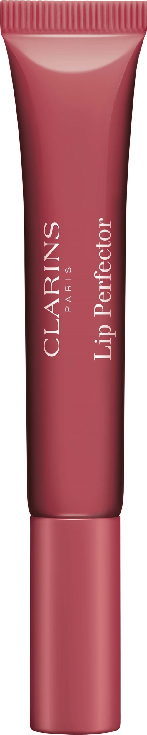Een roze tube met de tekst 'Clarins Lip Perfector.'