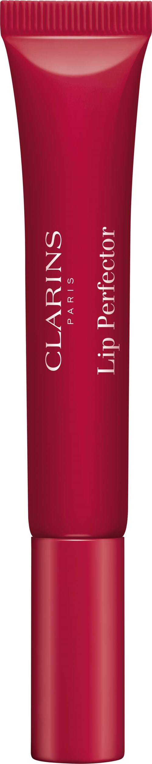 Een rode tube Clarins Lip Perfector met tekst aan de zijkant.