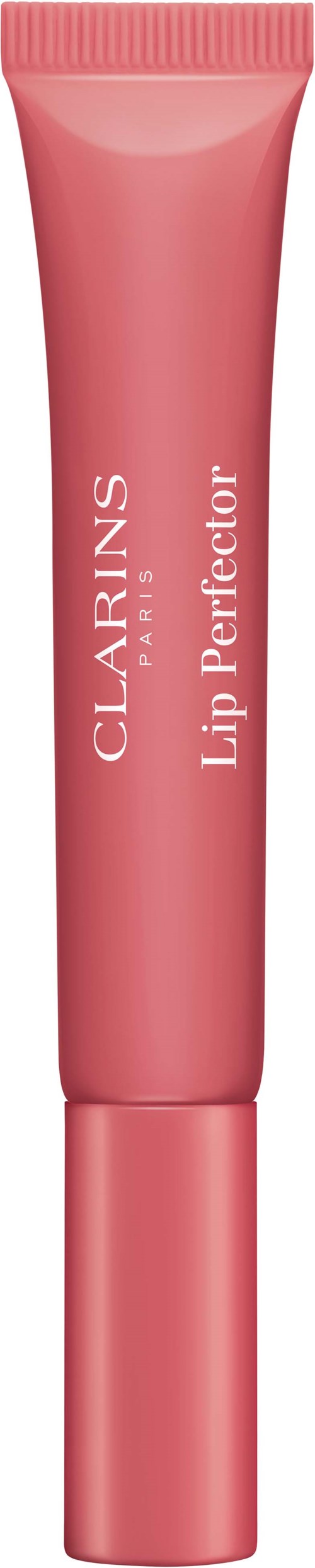 Een roze tube met de tekst "CLARINS Lip Perfector".