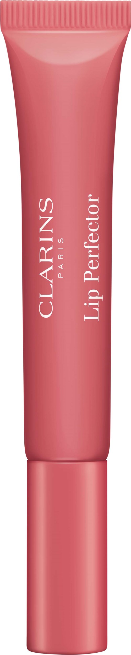 Een roze tube van Clarins Lip Perfector, een lippenbalsem of gloss, staat rechtop met een eenvoudig ontwerp.
