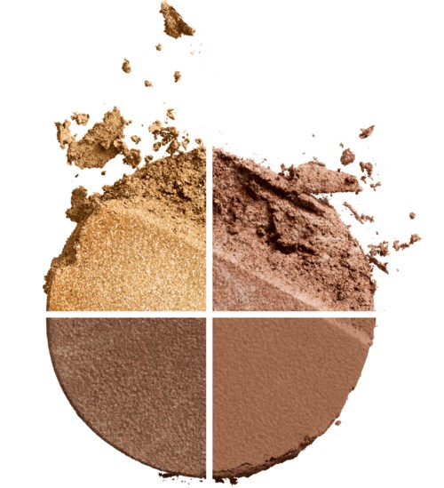 The image shows a makeup powder divided into four equal parts, with some powder scattered around.