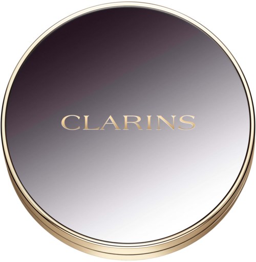A round, shiny container with a gradient dark to light background and the word 'CLARINS' in gold letters.