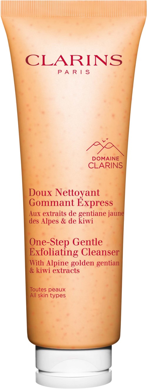 A peach-colored tube with red text, titled Clarins Paris, for a gentle exfoliating cleanser with Alpine and kiwi extracts.