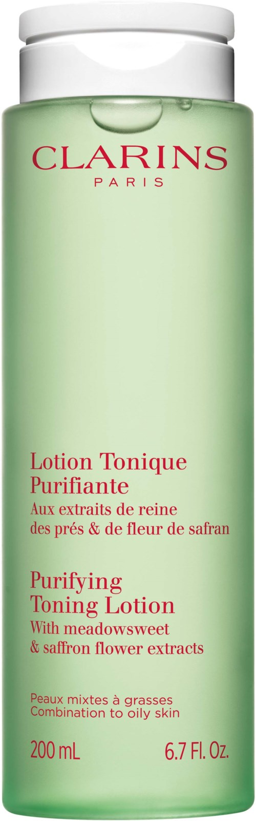 A green bottle of Clarins Purifying Toning Lotion for oily skin with meadowsweet and saffron flower extracts.