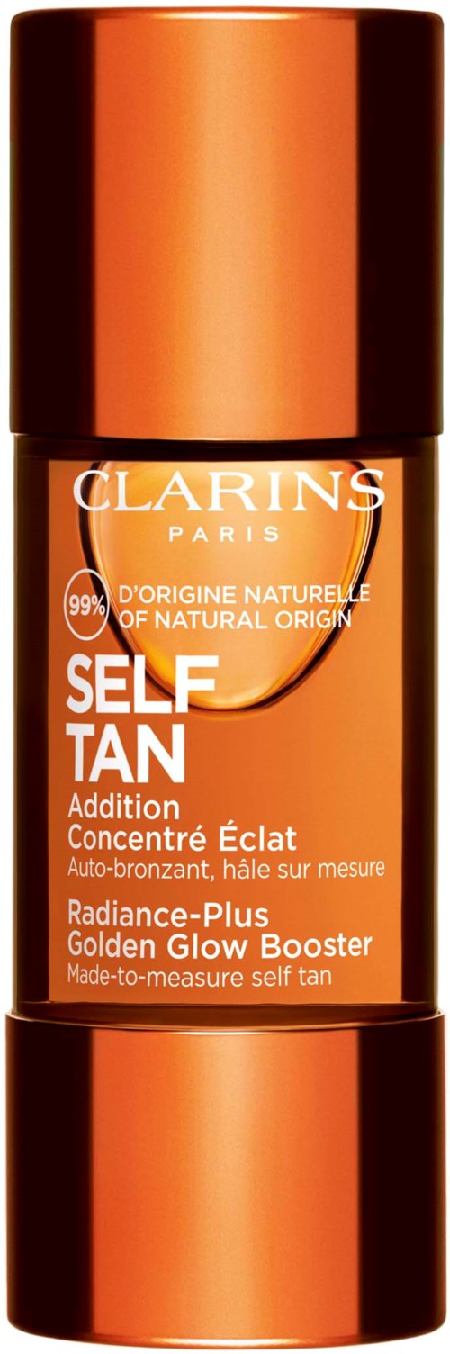 Eine kleine bronzefarbene Sprühflasche mit Clarins Self Tanning Lotion in Weiß- und Orangetext.