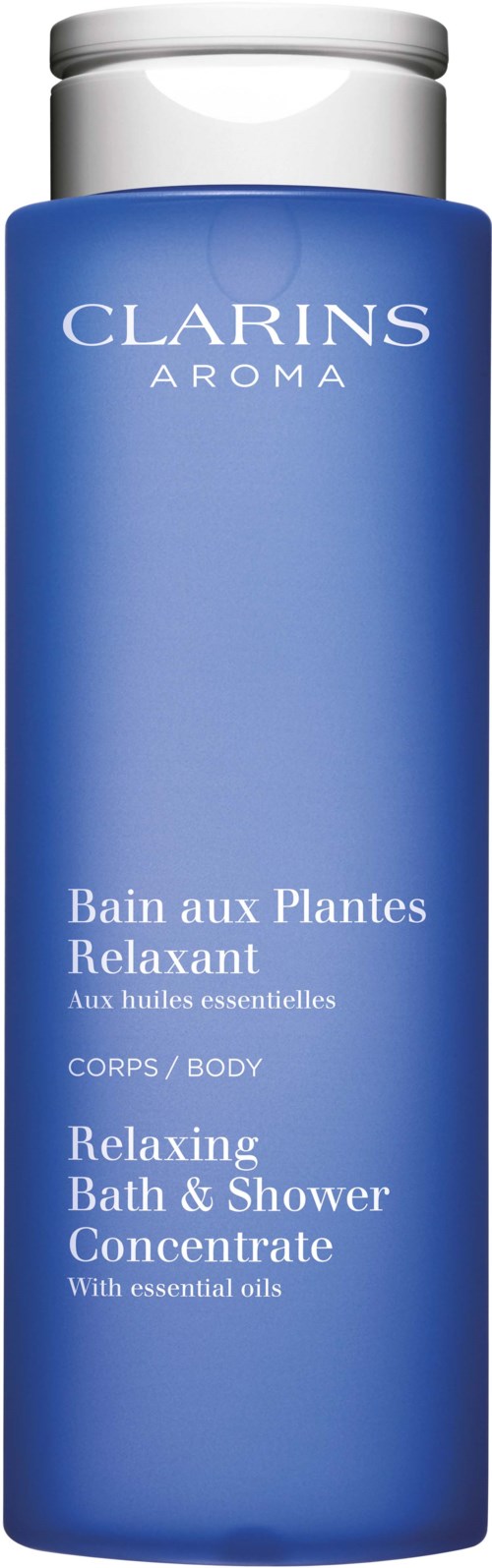 A tall blue bottle labeled Clarins Aroma with a white cap, for relaxing bath and shower with essential oils.