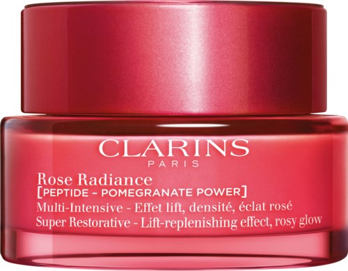 A pink jar of Clarins Rose Radiance cream with product details in white text.