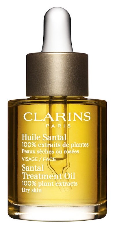 Ein Clarins-Gesichtsöl mit Pipette in einer transparenten Flasche, für trockene oder rote Haut, enthält Pflanzenextrakte.