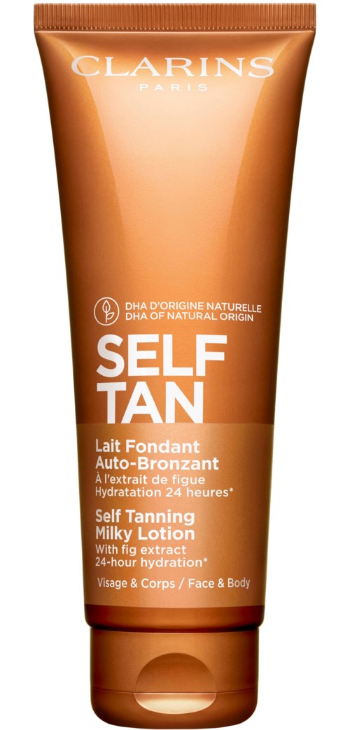 Eine braune Flasche mit Clarins Self Tanning Milky Lotion mit Feigenextrakt für Gesicht und Körper.