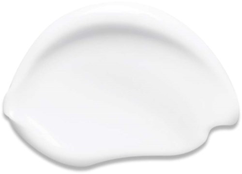 Eine weiße Creme oder Lotion, die auf einer Oberfläche verteilt ist, mit einer glatten, leicht gebogenen Form.