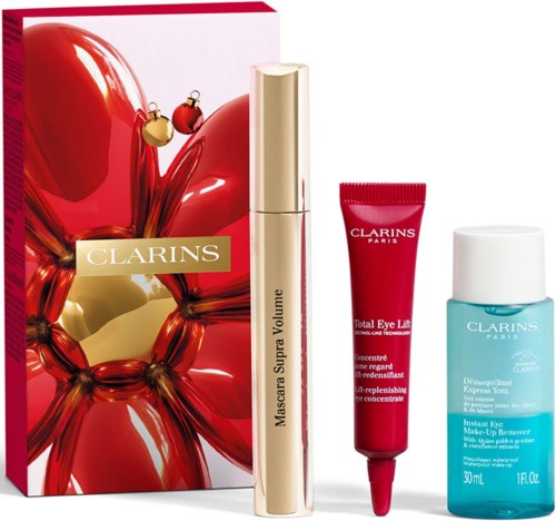 Clarins mascara, eye lift serum, and eye makeup remover next to their packaging, with red and white background.