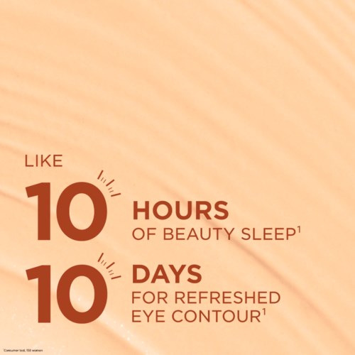 An illustration with large text showing 10 hours of beauty sleep and 10 days for refreshed eye contour.