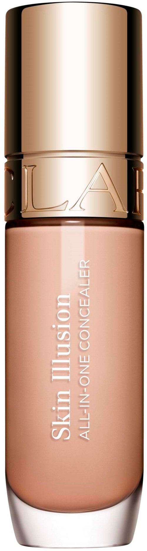 A bottle of L.A. Girl Skin Illusion all-in-one concealer with a gold cap and light beige liquid inside.