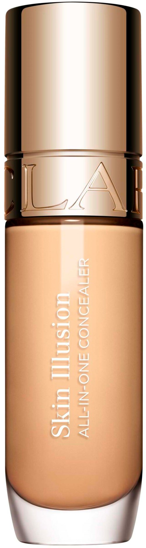 Concealer bottle with a gold cap and beige liquid inside, labeled Skin Illusion All-in-One Concealer.