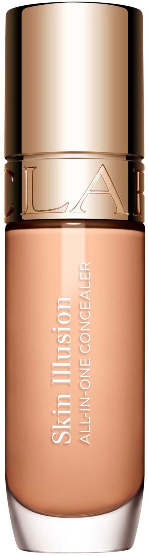 A beige concealer bottle with a golden cap and the text Skin Illusion All-In-One Concealer on it.