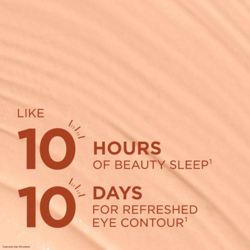 Text highlighting benefits of beauty sleep and eye contour refreshment, with a beige background and red and dark brown text.
