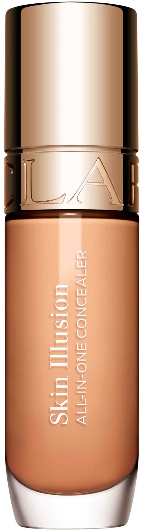 A bottle of L.A. Skin Illusion All-in-One Concealer with a gold cap and beige liquid inside.