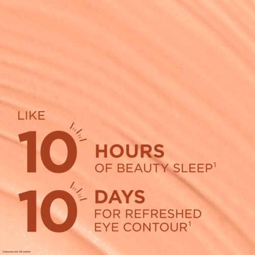 Text highlighting skincare benefits, mentions 10 hours of beauty sleep and 10 days for eye contour results.