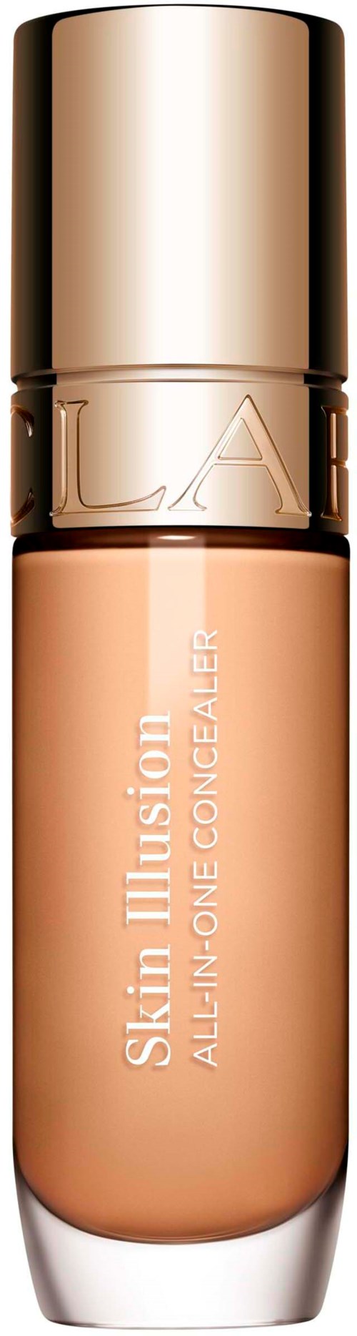 A beige concealer bottle with a gold cap and white base, labeled Skin Illusion All-in-One Concealer.