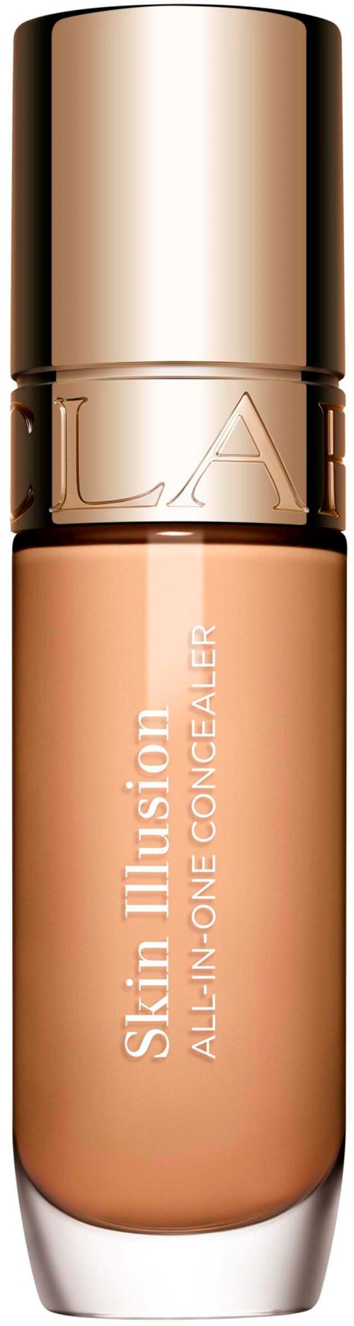 A beige liquid concealer in a clear bottle with a gold cap, labeled Skin Illusion All-in-One Concealer.