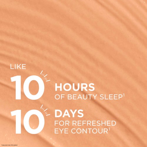 A skincare product advertisement with large white text promising 10 hours of sleep for beauty and 10 days for eye contour.