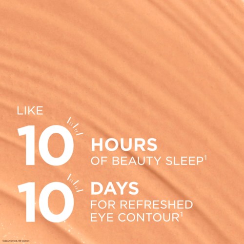 Text-based promotional message about 10 hours of sleep and 10 days for eye contour benefits.