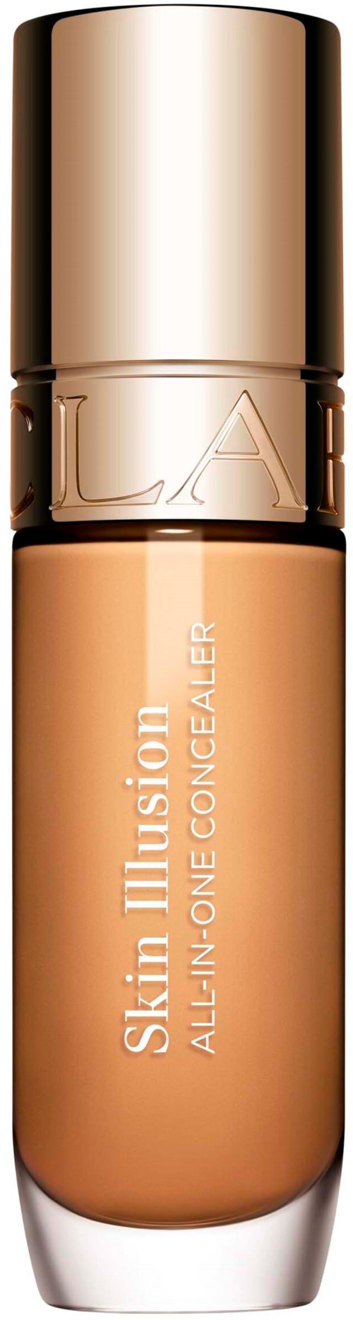 A beige bottle of concealer with a gold cap, labeled Skin Illusion All-in-One Concealer, standing upright.