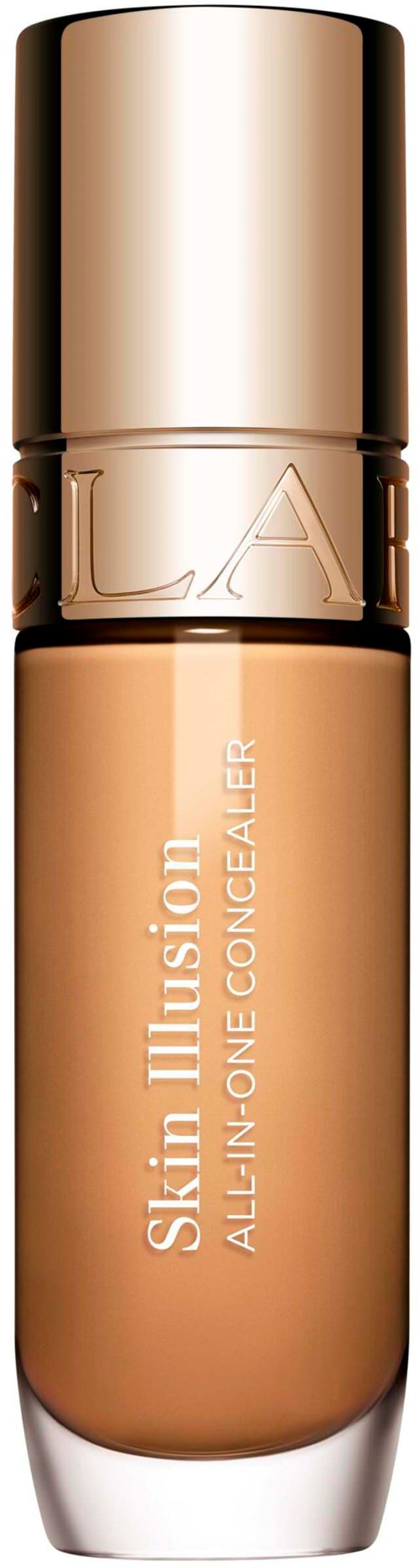 A beige concealer in a cylindrical glass bottle with a gold cap. The label reads Skin Illusion All-in-One Concealer.
