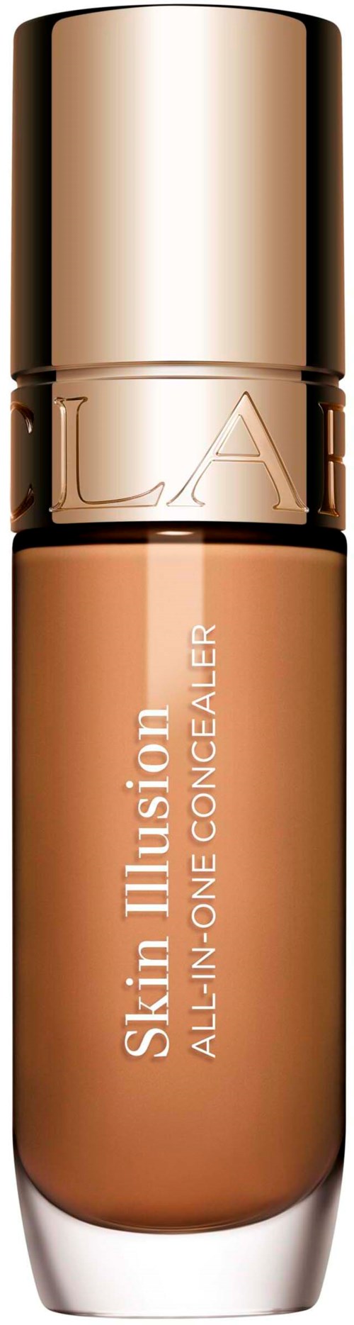 A bottle of L.A. Girl Skin Illusion all-in-one concealer with a golden cap and beige liquid inside.
