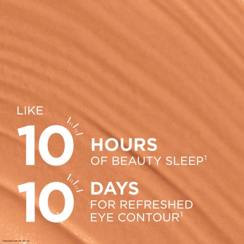 A promotional graphic with text about beauty sleep and eye contour benefits, set on a wooden background.