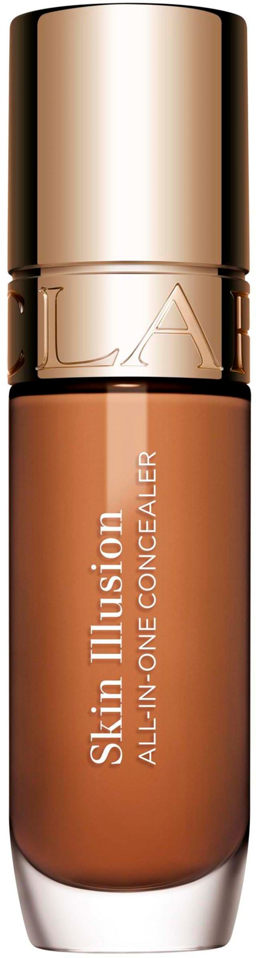 A skin-tone concealer in a foundation-style bottle with a gold cap and transparent body showing the product inside.