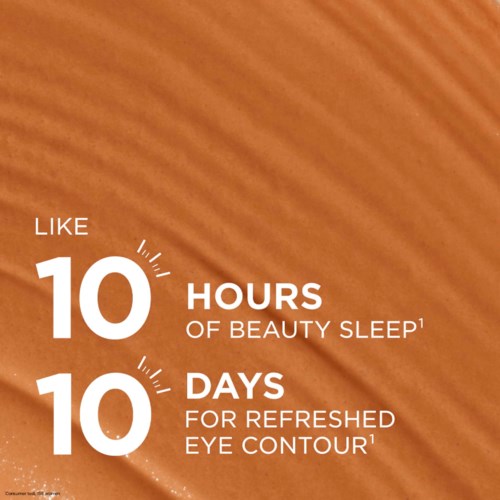 Text promoting beauty sleep and eye contour benefits with a wooden background.