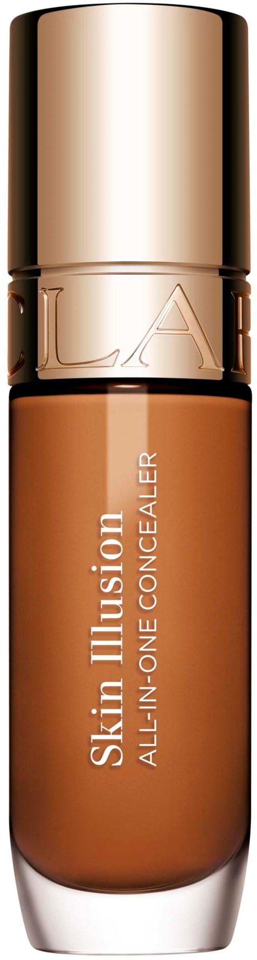 A foundation bottle with a gold cap and beige body labeled Skin Illusion All-in-One Concealer.