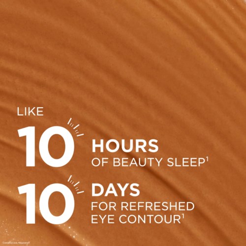 Text about skincare benefits, mentioning 10 hours of sleep for beauty and 10 days for refreshed eyes.